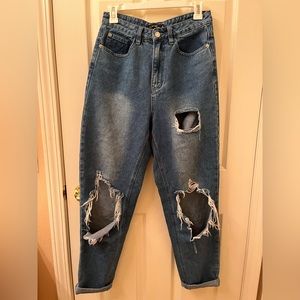 Distressed high-waisted boyfriend jeans
